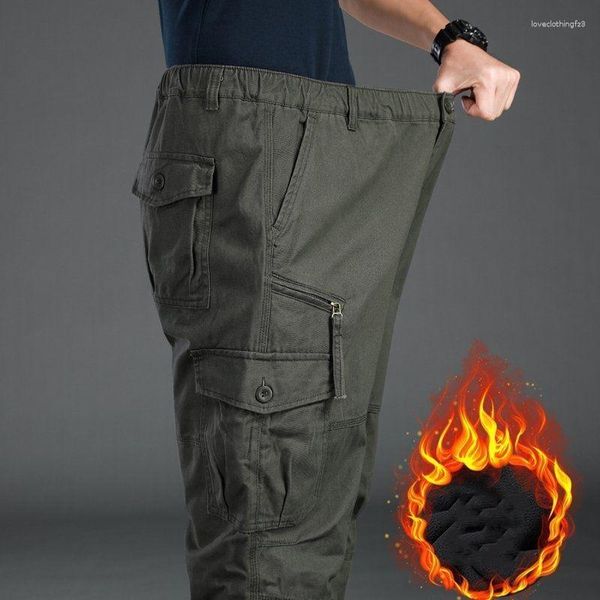 Pantalones para hombres invierno grueso espeso tibia de vellón de carga militar doble capa algodón casual de algodón raspada raspada táctica pantalones holgados tácticos