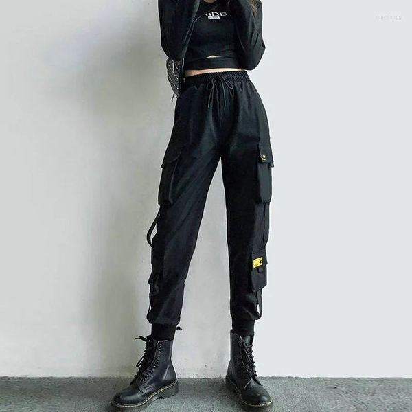 Pantalon homme femme Cargo noir ruban poche survêtement taille haute Streetwear Harajuku pantalon Punk femmes pantalon Harem
