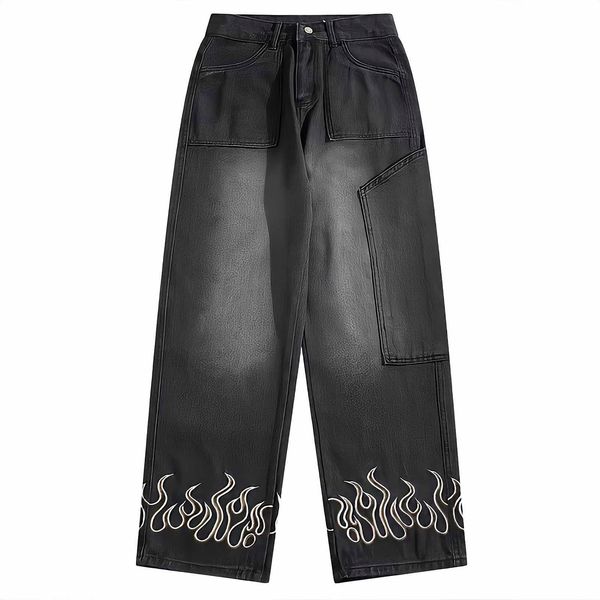 Pantalones de hombre Mujer Pantalones de mezclilla holgados rectos casuales Vintage Hip Hop Cloes Nuevos pantalones cargo Hombre Streetwear Y2k Flame bordado Jeans G230422