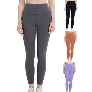 Pantalones para hombre y mujer, diseño sin costuras, cintura alta, elásticos, ajustados, Color sólido, levantamiento de glúteos, Spandex, bolsillo inclinado, Yoga, Fitness para gimnasio