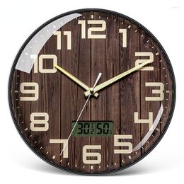 Heren broek hout graan wandklok huis woonkamer studeer nacht gloed simpele creatieve lcd -temperatuur en vochtigheid display