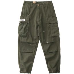 Pantalones para hombre Pantalones de trabajo para hombre, estilo japonés, retro, verde militar, con varios bolsillos, lavados, viejos, rufianes, guapos, sueltos, rectos, con salpicaduras de tinta, informales.