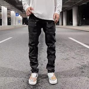 Pantalons pour hommes Y2K Poche avant Wax PU Cuir pour hommes Straight Slim Casual Globalement Ropa Hombre High Street Loose Cargos surdimensionné