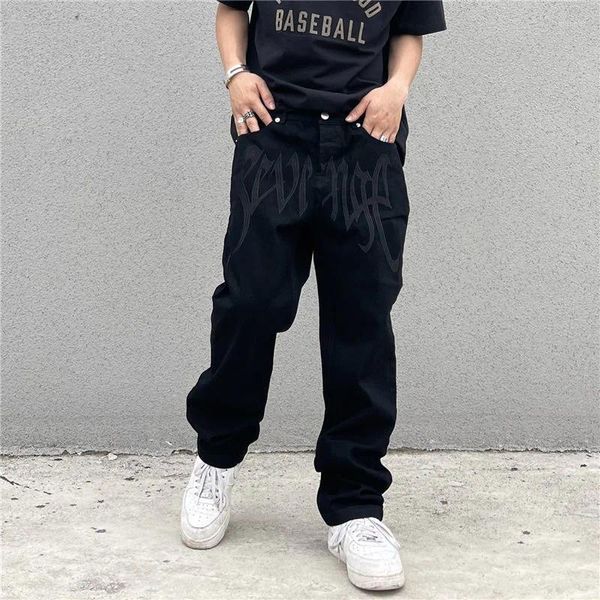 Pantalones de hombres Y2K Fashion Korean Black Streetwear bordado Bordado Jeans informal Pantalones Hip Hop Denim Masculino