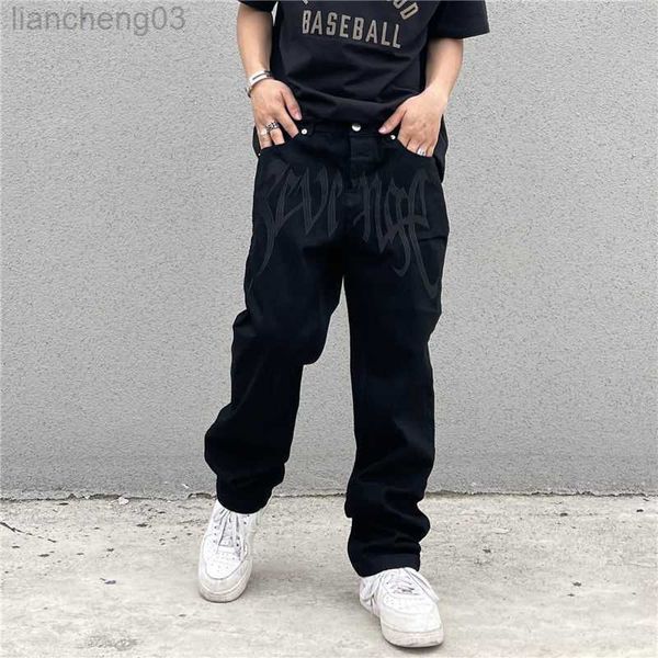 Pantalons pour hommes Y2K coréen hommes mode noir Streetwear brodé taille basse jean décontracté pantalon droit Hip Hop Denim pantalon mâle vêtements W0411