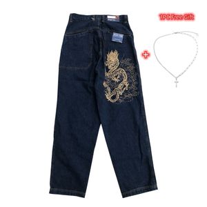 Pantalones para hombres y2k pantalones para hombres jeans sueltos para hombres mujeres americanos skateboard pantalones holgados de mezclilla streetwear bordados de dragón 230817