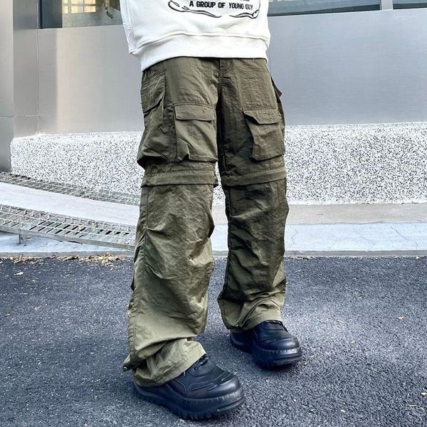 Pantalones de hombre Y2K rodilla sólida desmontable multibolsillos para hombre cintura elástica de carga pantalones casuales rectos ropa informal suelta monos