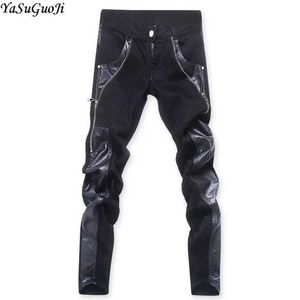 Pantalon masculin yasuguoji nouveau 2024 punk style mode slim fit pu en cuir patch work long zipper design jeans serré mens fête vestime pour hommes pantalon j240507