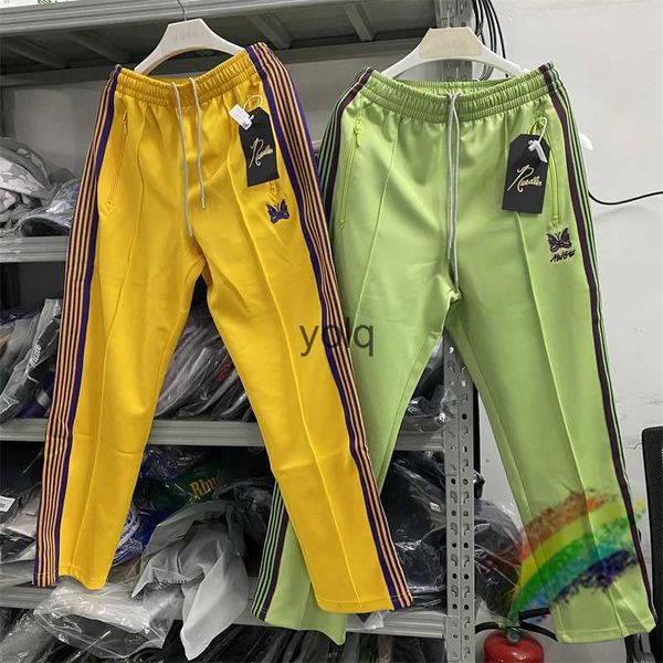 Pantalons pour hommes Jaune Vert Stripes Aiguilles Pantalons de survêtement Hommes Femmes Haute Qualité Poly Lisse Pantalon Pantalon Papillon Broderie Pantalonyolq