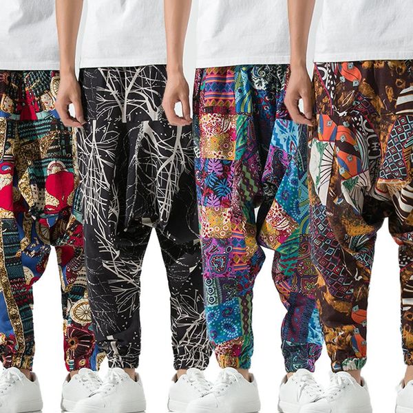 Pantalones de Hombre Pantalones de Yoga Casual Hip Hop Lino Sueltos Largos Distintivos Pantalones Cruzados de Entrepierna Baja Pantalón Transpirable con Flor de Viento Nacional