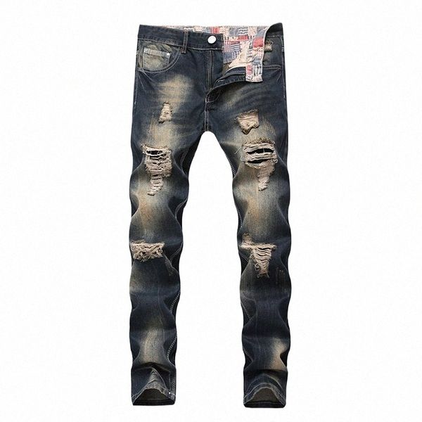 Hommes Patchwork Creux Imprimer Neuvième Pantalon Mendiant Denim Jeans Hommes Direct Mail Fi Ripped Jeans n1HS #