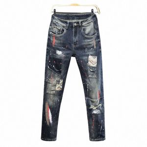 Mannen Patchwork Gescheurde Jeans Fi Spray Paint Patroon Broek Mannelijke Casual Streetwear Slanke Rechte Pijpen Lg Broek b9n0 #