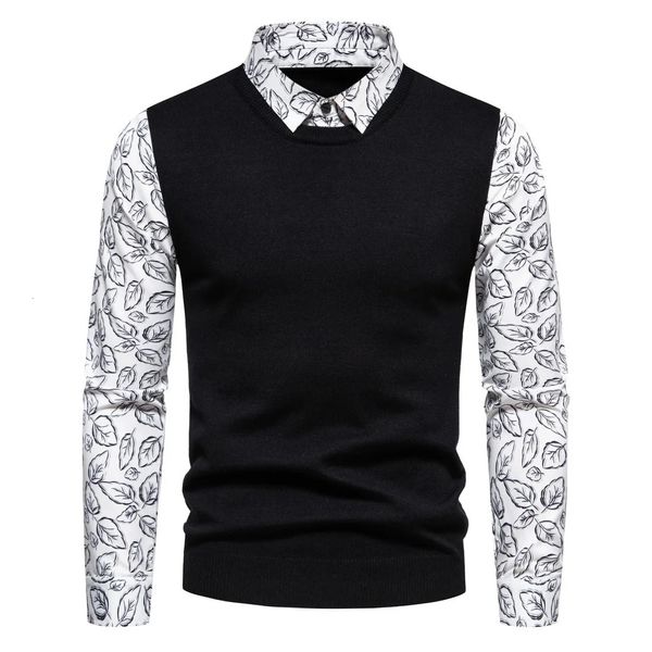 Camisola estampada masculina com mangas impressas casual camisa inferior gola falsa de duas peças camisa polo de malha fina designer top 240104