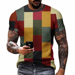 Heren geruite 3D-patroon T-shirt zomer casual trui heren Fi losse mouw top m0WR #