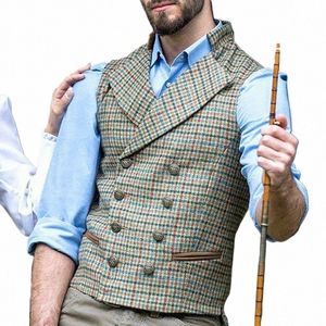 Mannen Plaid Double-Breasted Pak Kraag Slanke Taille Heren Vest Casual Formele Dr Bruidsjonkers Bruiloft Kleding G5Fm #