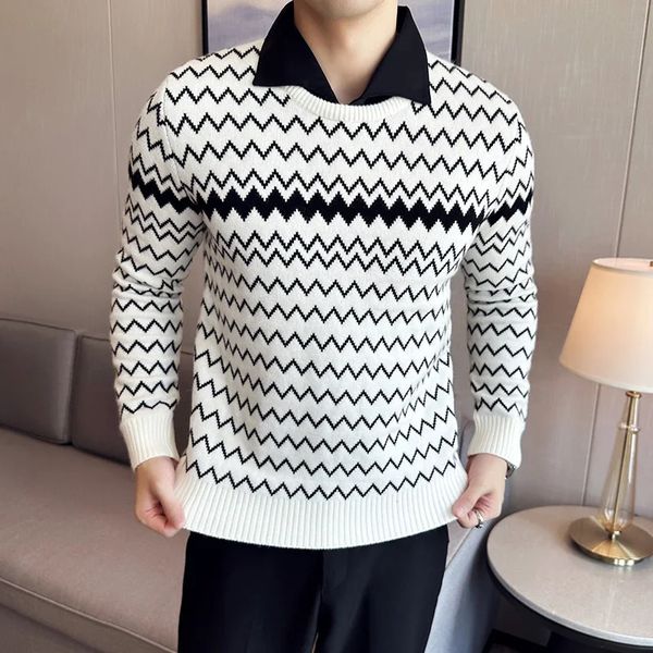 Pull tricoté à col de chemise en deux pièces à carreaux pour hommes chaud automne et hiver tissu décontracté à carreaux tricoté jacquard épais 240104
