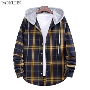 Chemises à capuche à carreaux pour hommes Printemps à manches longues Chemise légère Veste Hommes Casual Bouton Down Tops Blouse Chemise Homme 210522