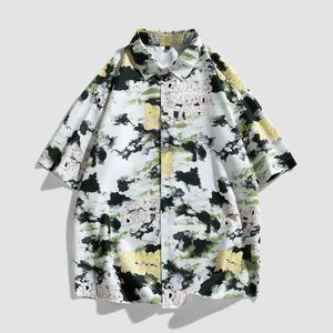 Plus size shirts van heren Chinese stijl inkt ijs zijden shirt met korte mouwen shirt heren 2024 zomer dun losse toevallige bloemen shirt jas