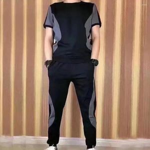 Plus T-shirts voor heren 2 stuks/set korte mouw casual outfit elastische tailleband zakken met trekkoord heren patchwork kleur t-shirt joggingbroek set