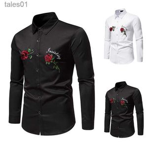 Hommes Plus Tees Polos 2023 Nouveaux Hommes Chemises Habillées À Manches Longues Hauts Hommes Mâle Marié Groom Floral Rose Homme Casual Prom Party Chemise LS28 yq240401