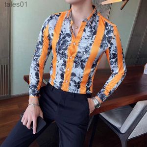 Heren Plus Tees Polo's Herfst Lange Mouw Gestreept Shirt Mannen Mode 2021 Nieuwe Bloemenprint Slim Fit Jurk Man streetwear Sociale Party Blouse Mannelijke yq240401