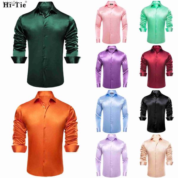 Hommes Plus Tees Polos Hi-Tie Vert Foncé Orange Hommes À Manches Longues En Satin De Soie Robe Chemises Casual Formelle Blouse Chemise De Luxe Designer Hommes Vêtements yq240401