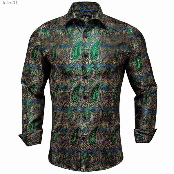 Hommes Plus Tees Polos Hi-Tie Vert Violet Soie Hommes Chemises Paisley Floral Manches Longues Chemise Décontractée Pour Hommes Jacquard Mâle Business Party Robe De Mariage yq240401