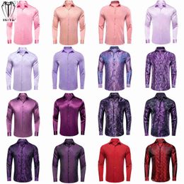 Camisetas Plus para hombre Polos Hi-Tie Salmón Rosa Lila Seda Satén Camisas para hombre Cuello de solapa Camisa de vestir de manga larga sólida Blusa suave para negocios de bodas masculinas yq240401