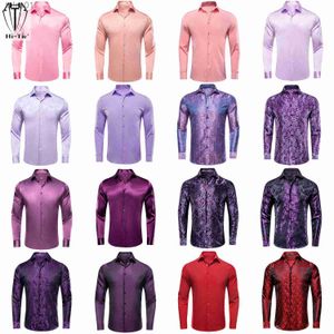 Camisetas Plus para hombre Polos Hi-Tie Salmón Rosa Lila Seda Satén Camisas para hombre Cuello de solapa Camisa de vestir de manga larga sólida Blusa suave para negocios de bodas masculinas yq240401