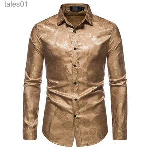 Hommes Plus Tees Polos Hommes Luxe Jacquard À Manches Longues Robe Florale Chemise Brillant Satin Slik Comme Mariage Chemises De Bal yq240401