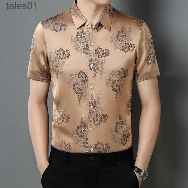 Men's Plus Tees Polos Nouveau arrivée Men Silk Tops 2023 Summer Flowers Shirt Homme Couchée courte Robe imprimée florale YQ240401