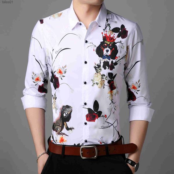 Hombres Plus Tees Polos Nuevo diseño Hombre guapo Impresión digital Vestido de flores Camisas florales casuales de manga larga Envío gratis yq240401