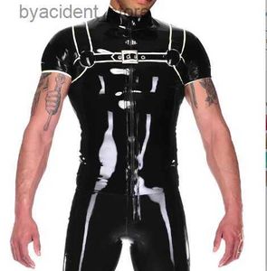 Polos masculins 100% latex caoutchouc noir manches courtes courtes décoration blanche confortable fête minimaliste jeu de rôle xs-xxl 0,4 mm l240320