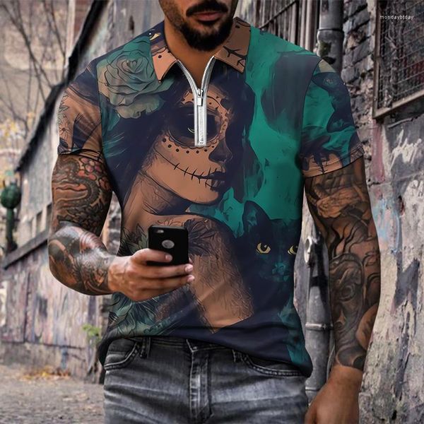 Polos para hombre, camiseta Polo de verano 2022, camiseta de manga corta con escote y cremallera, estampado 3D, pintura al óleo informal de Hip Hop, tema de chica hermosa