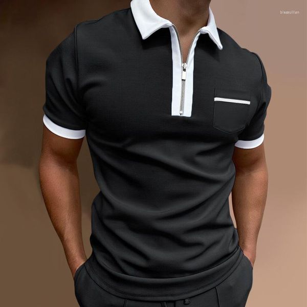 Polos para hombre, moda 2023, polo con bolsillo en el pecho, ropa informal transpirable con cremallera monocromática delgada con solapa de verano