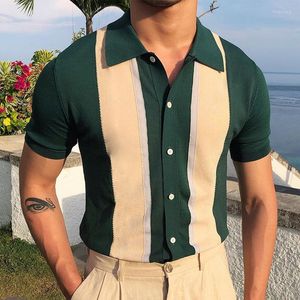 Polos pour hommes 2023 Hommes Casual Polos Stripe Patchwork Tricot Revers Pull Mode Vintage Hommes Manches courtes Slim Vêtements