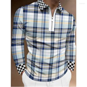 Polos pour hommes 2023 printemps hommes Polo à manches longues chemises minces mode rayure fermeture éclair luxe mâle t-shirt taille américaine