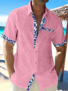 Polos masculins 2023 Fashion Summer Mens Hawaiian Linen Shirt Mens Casual Lace Pleach Pocket Pocket Garde à manches courtes plus veste 5 Colorsl2405