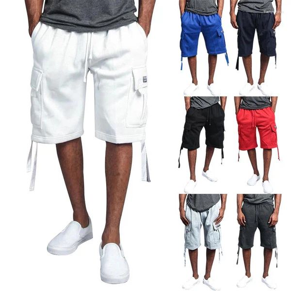 Polos para hombres 2023 Verano Monos de cinco puntos Casual Multi-bolsillo Pantalones cortos sueltos con correa recta en stock