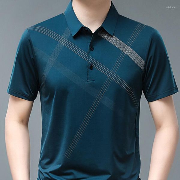 Polos pour hommes 2023 Été Col rabattu Polo T-shirt à manches courtes Business Mode Bouton Rayé Impression Lâche Casual Tops