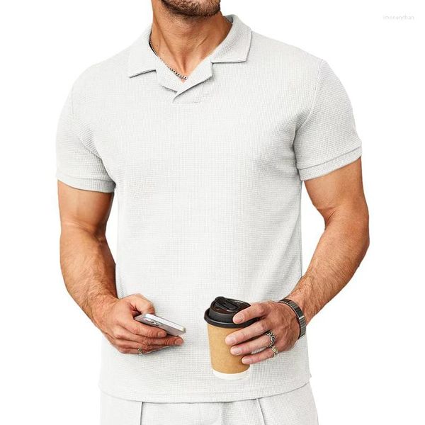 Polos para hombre 2023 verano Waffle cuello en V Polo camisa cuello fresco manga corta Top Casual moda camiseta