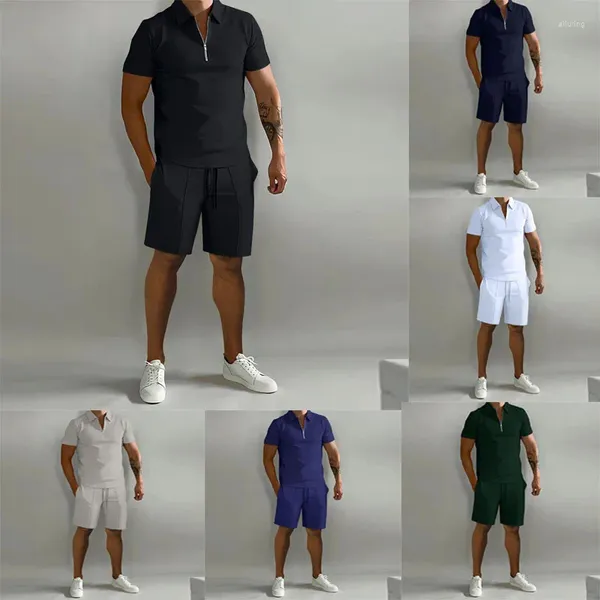 Polos para hombres 2023 Verano Y2k Trajes Cremallera Solapa Sudadera Conjunto Diario Casual Calle Moda Hip Hop Polo Top Shorts Ropa