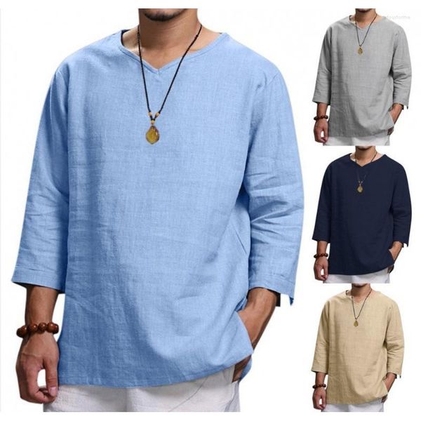 Polos para hombre 2023, camisetas de lino y algodón con cuello en V, camisetas holgadas informales de manga larga de Color sólido transpirable para hombre, camisetas M-4XL para correr