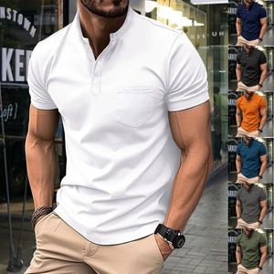 Polos pour hommes 2024 Polo décontracté poche col en V bouton affaires couleur unie tout-match T-shirt haut