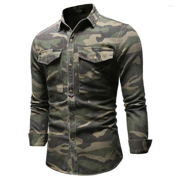 Polos para hombres 2024 Comercio exterior europeo y americano Manga larga Camuflaje verde militar Camisa vaquera Chaqueta de escalada al aire libre