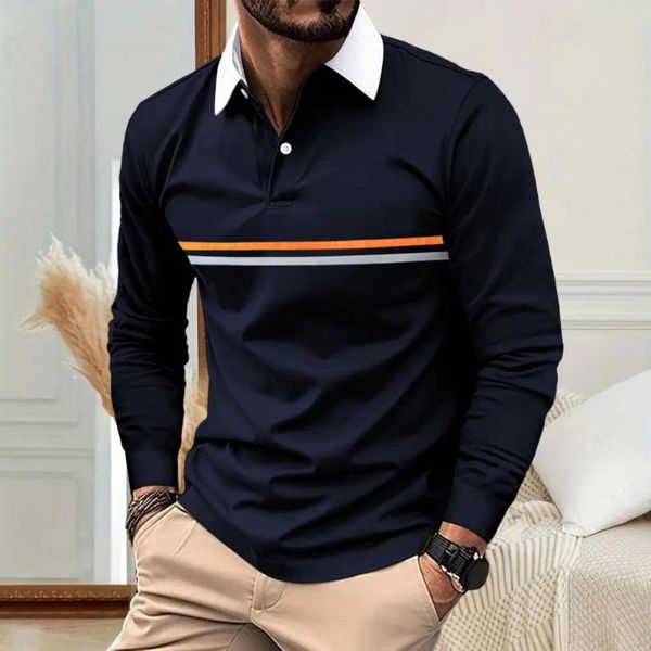 Polos para hombres 2024 Camisa de manga larga a rayas para hombres Estilo simple informal