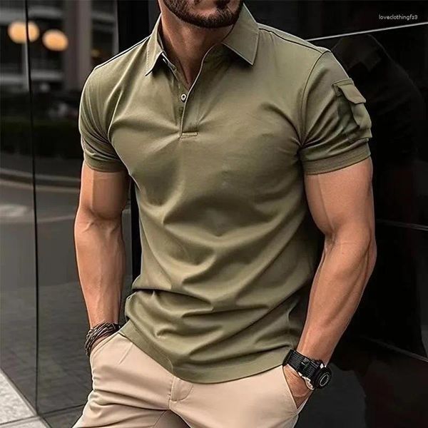 Polos para hombre 2024 Camiseta polo con bolsillo en el brazo de verano Camiseta de manga corta de color sólido