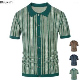 Polos pour hommes 2024 Été Casual Stripe Chemises Tricoté Vintage Britannique Respirant Patchwork Manches Courtes Jacquard Business Polo Shirt