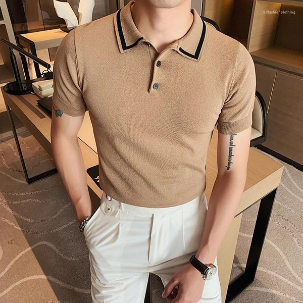 Polos para hombres 2024 Camisa de polo de punto de verano Hombres Color Sólido Shorts Manga Hombre Punto Transpirable Casual Slim Fit Negocios Ropa Social