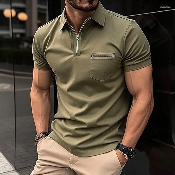 Polos pour hommes 2024 été hommes polo chemise à manches courtes t-shirts décontracté affaires fermeture éclair poche haut mode chemises homme vêtements